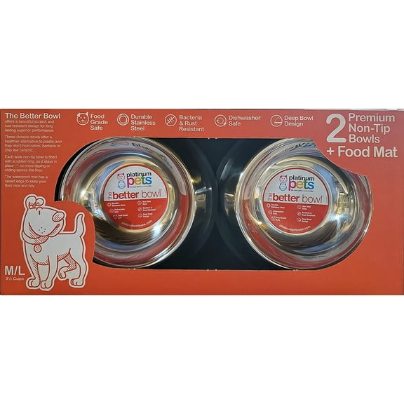 2 Premium Platinum Pets Embossed Non-Tip Stainless Steel Cat/Dog Bowl + Food Mat