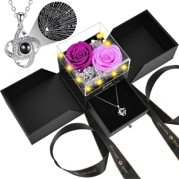 2 Preserved Rose with I love you Necklace 100 Languages,Gifts for Girlfriend,Women,Mom,Wife,Gifts Idea on Christmas,Valentine's Day,Mother's Day,Birthday,Anniversary,Thanksgiving(Purple)