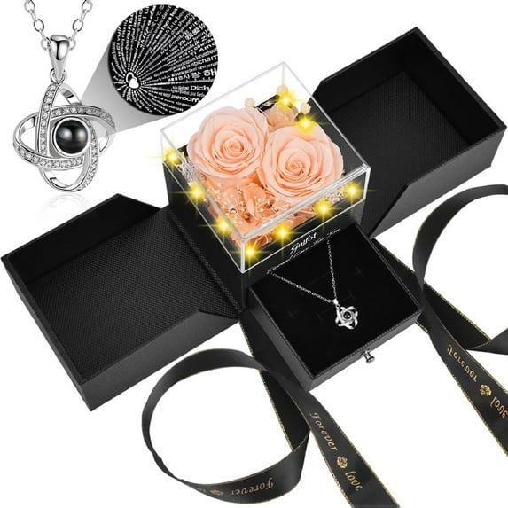 2 Preserved Rose with I love you Necklace 100 Languages,Gifts for Girlfriend,Women,Mom,Wife,Gifts Idea on Christmas,Valentine's Day,Mother's Day,Birthday,Anniversary,Thanksgiving(Champagne)