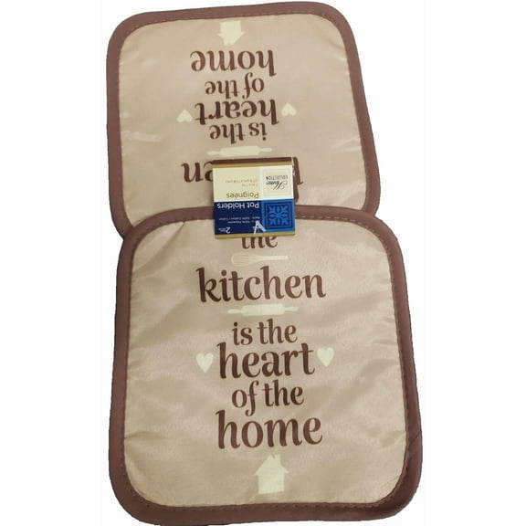 2 Printed Kitchen Pot Holders (7"X7') Kitchen Is The Heart Of The Home,Brown, Gr