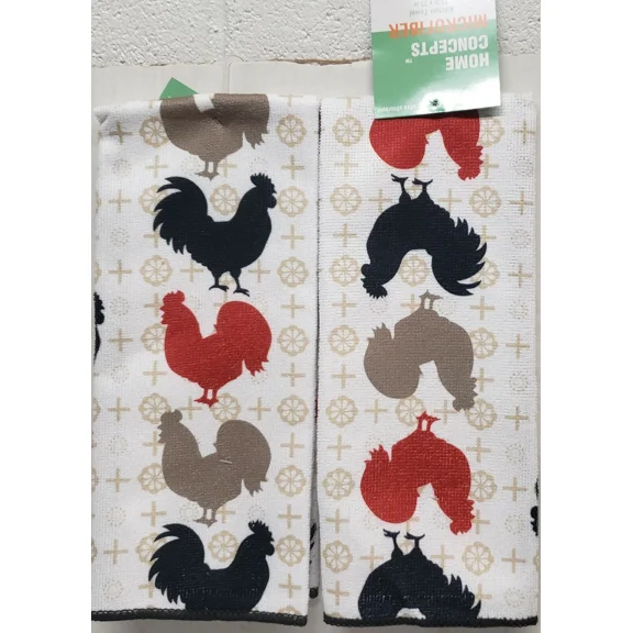 2 Printed Thin Cotton Kitchen Towels(15X25")Colorful Roosters,Black,Red,Beige,Hc