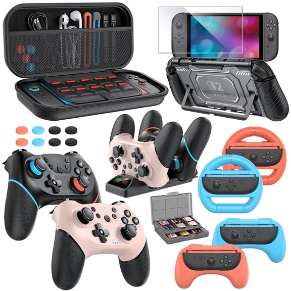 2 Pro Controller Accessories Bundle for (2025), 21-in-1 Kits: Wireless Controllers,Carrying Case,Controller Charger Dock,Grips Joy Con,Steering Wheels Mario Kart,Protective Cover