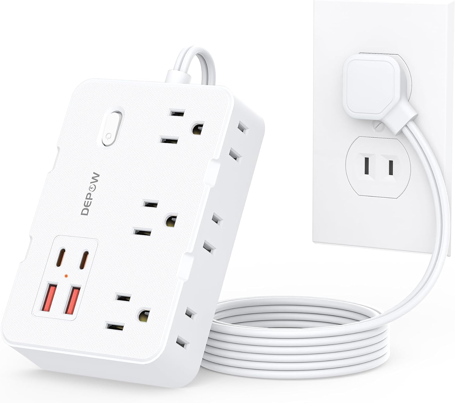 2 Prong to 3 Adapter Power Strip - 6 Outlets & 4 USB Ports (2 USB-C), 1050J Two Surge Protector, 5FT Extension Cord, Wall Mount Ideal for Old Houses Non-Grounded