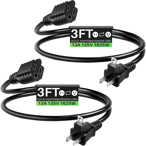2 Prong to 3 Prong Adapter with Extension Cord, Polarized Grounding Outlet Adapter, Fireproof 16AWG Wall Outlet Plug for Home Office RV Household Appliances Industrial(3ft,Black,2 Pack)