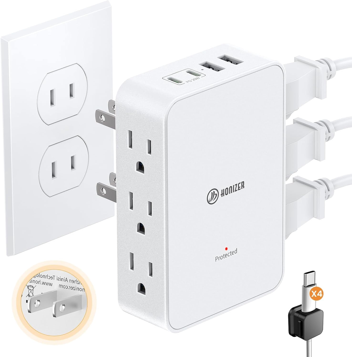 2 Prong to 3 Prong Outlet Adapter, 3 Sided 6 Outlet, PD 20W USB C ...