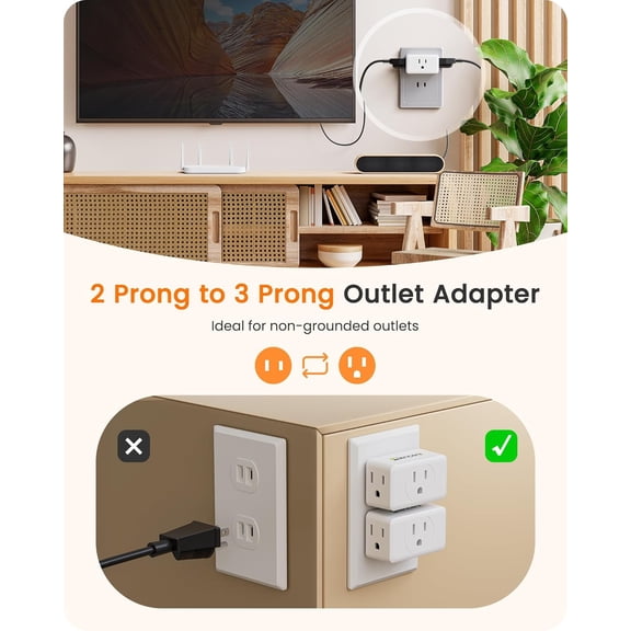 2 Prong to 3 Prong Outlet Adapter, Wall Plug Expander, Multi Outlet Wall Plug with 3 AC Outlets, Non-Grounded Outlet Extender, for Japan Travel, Kitchen, Office, Bathroom, Old House, 4 Pack