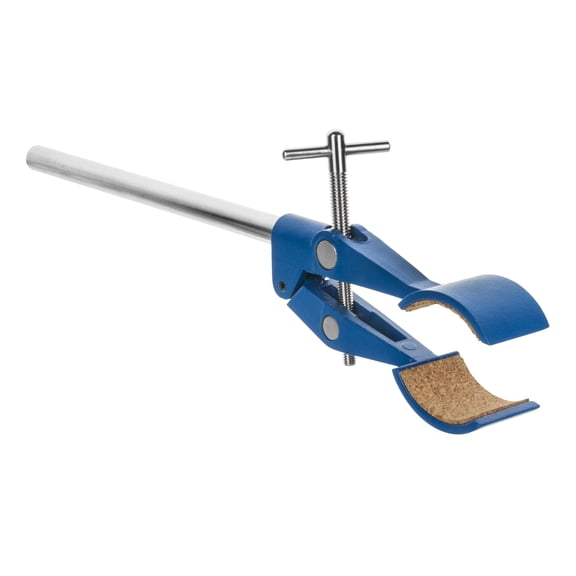 2 Prong, Cork Lined, Burette, Flask, Beaker Clamp on Stainless Steel Rod - 4.3" Max Clamp Opening, 5.5" Rod - Powder Coated Zinc Clamp - Research, Industrial Laboratory Grade - Eisco Labs