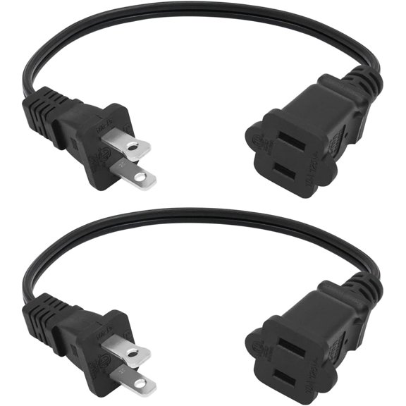 2 Prong Extension Cord 1FT,2Pack Short and Thin Cord Extension,Indoor Male/Female Power Cable, UL Listed Perfect for Home, Office or Christmas Lights,Black
