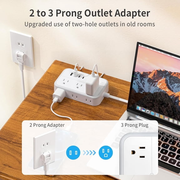 2 Prong Power Strip, 1875W 2 Prong to 3 Prong Outlet Adapter, 1080 Joules Surge Protector Power Strip with 4 USB Ports(2 USB C), 5FT Flat Plug Extension Cord for Old House, Wall Mount, White