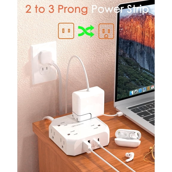 2 Prong Power Strip, WRXDMC 2 Prong to 3 Prong Plug Adapter, 5 Foot Extension Cord, 8 AC Outlets with 2 USB-C Ports and 2 USB-A Ports, Wall Mountable, Suitable for Old Houses