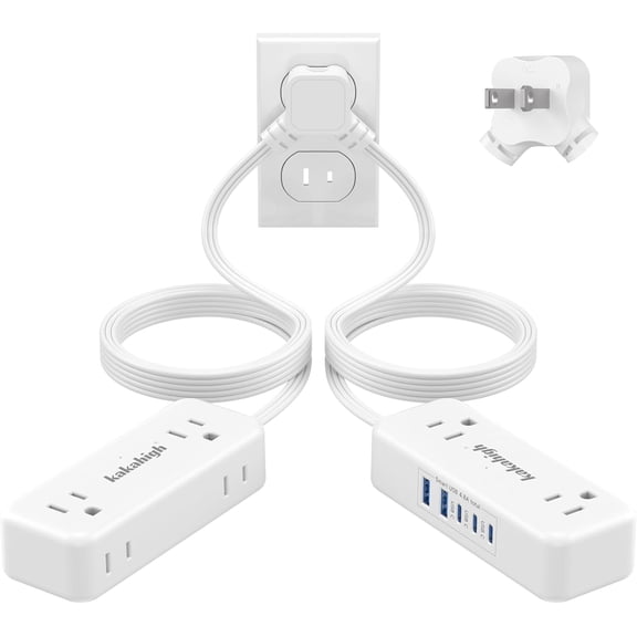 2 Prong Split Extension Cord 10FT (5FT on Each Side), Single Flat Plug Twin Extension Cord with 4 AC Outlets, 2 USB-A & 3 USB-C(24W/4.8A), for Polarized Two Prong Outlet, Old House, White