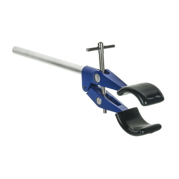 2 Prong, Vinyl Coated, Burette, Flask, Beaker Clamp on Stainless Steel Rod - 4.25" Max Clamp Opening, 5.5" Rod - Powder Coated Zinc Clamp - Research, Industrial Laboratory Grade - Eisco Labs