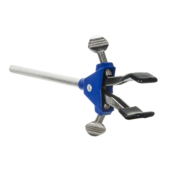 2 Prong, Vinyl Coated, Spring Loaded Clamp on Stainless Steel Rod - 2.75" Max Clamp Opening, 5" Connecting Rod - Powder Coated Alloy Clamp - Research, Industrial Laboratory Grade - Eisco Labs