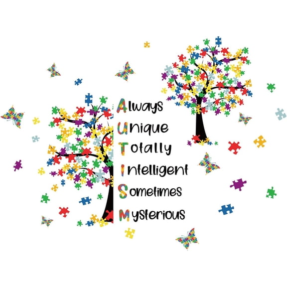 2 Puzzle Trees Wall Decal Awareness Day Inspirational Sign Sticker Positive Puzzle Piece Colorful Nursery Classroom Decoration Baby Bedroom Art Autistic Spectrum Motivational Room Decor for diy