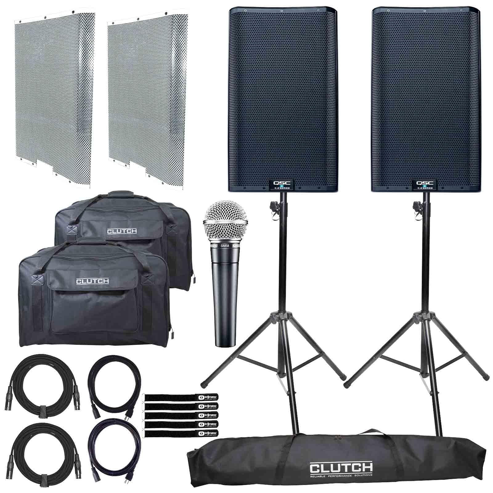 (2) QSC K12.2 K2 Series TwoWay 12" Powered Loudspeakers with Shure Vocal Microphone & Chrome