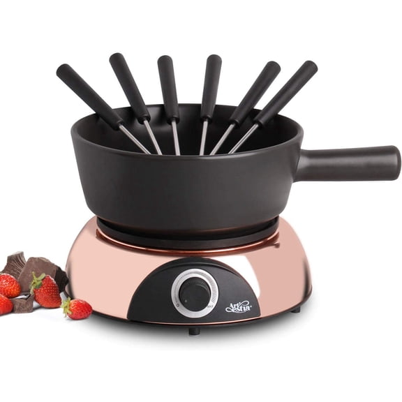 2-QT Electric Fondue Pot for Cheese 1500W Ceramic Chocolate Melting Pot with Adjustable Temperature 6 Fondue Forks White Ceramic Pot with Rose-Gold Base Black