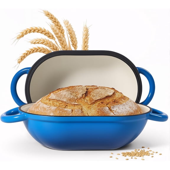 2 QT Oval Dutch Oven for Bread Baking, Enamelled Cast Iron Bread Oven for Sourdough, Sourdough Loaf Pan with Lid, Heavy-Duty Non Stick Bread Pan for Homemade Bread Baking, Blue