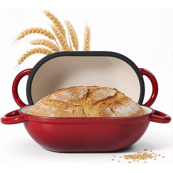 2 QT Oval Dutch Oven for Bread Baking, Enamelled Cast Iron Bread Oven for Sourdough, Sourdough Loaf Pan with Lid, Heavy-Duty Non Stick Bread Pan for Homemade Bread Baking, Red