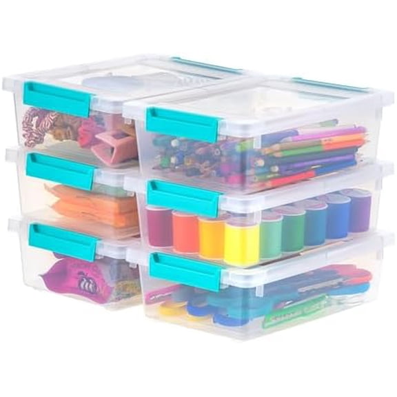 2 Qt. Craft Storage Bins with Lids, 6-Pack, |Made in USA|, Clip Box, Small Plastic Sensory Bin Tote Organizer Containers for Art Supplies, Paper, & Office, Stackable - Clear/Seafoam Blue