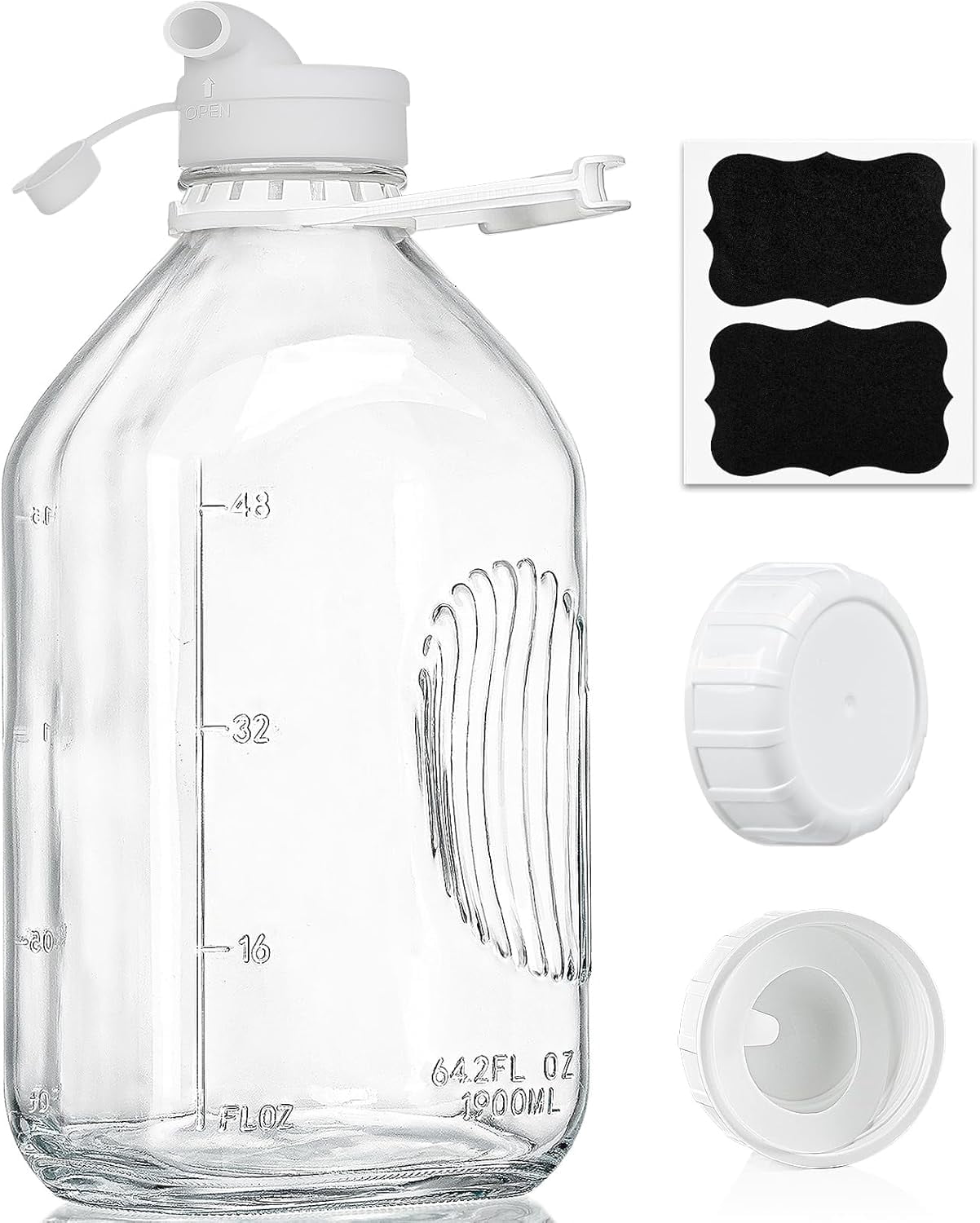 2 Qt Glass Milk Bottle with Reusable Strong Airtight SCREW LID, 64 Oz Glass Juice Bottles for Almond Milk, Oat Milk Nut Milk- 0.5 Gal Glass Water Bottle with 2 Exact Scale Lines, Extra Handle AND