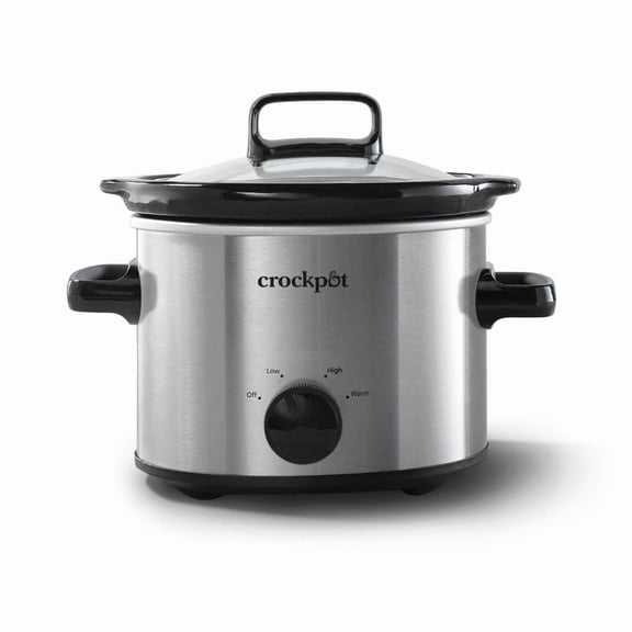 2 Qt Manual Slow Cooker, Stainless Steel, 3-Setting Electric Slow Cooker with Reheat and Warm Functions, Removable Stoneware Pot for Soups, Stews, Dips, and Small Meals