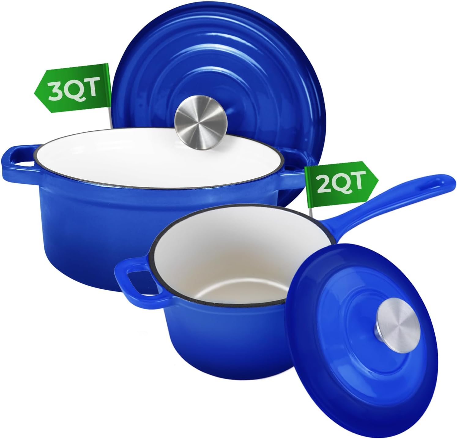 2 Qt Small Sauce Pan with Lid + 3 Qt Dutch Oven Pot with Lid, Enameled Cast Iron Cookware Set