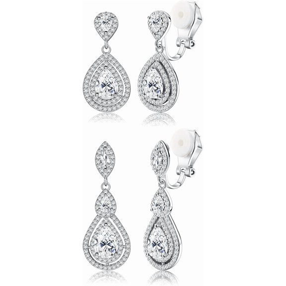2 Quality Pairs Teardrop Earrings Cubic Zirconia Drop Earring for Women Clip On Earring Dangle Earrings[e721]