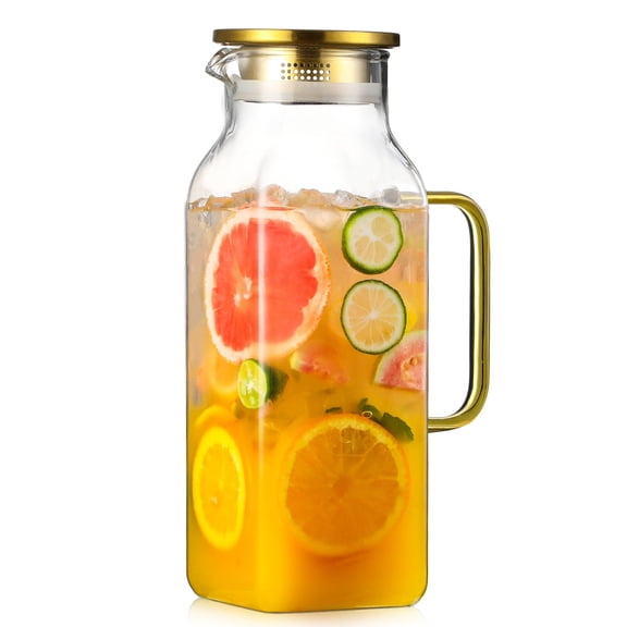 2 Quart (2 Liter 68 Oz) Square Glass Pitcher With Lid And Spout  Water Pitchers Handle For Fridge Borosilicate Carafe Hot/cold Drink Large Jug Iced Tea Coffee Beverage Cold