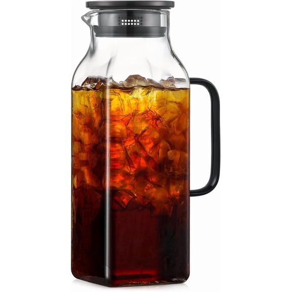 2 Quart (2 Liter 68 oz) Square Glass Pitcher with Lid and Spout, Borosilicate Glass Carafe, Refrigerator Water Jug with Handle, Large Iced Tea and Coffee Server