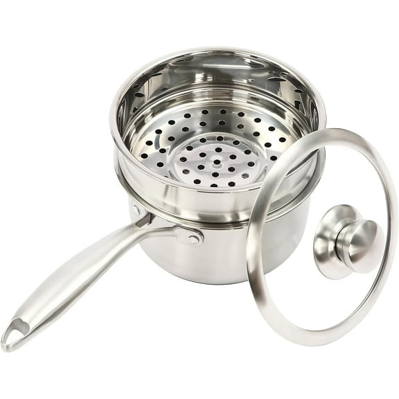 2 Quart 304 Stainless Steel Saucepan with Steamer Basket, Tri-ply Full Body, Multipurpose Sauce Pot with Two-Size Drainage Holes Lid, Perfect For Boiling Gravies