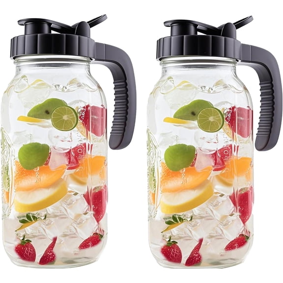 2 Quart Glass Mason Jar Pitcher With Lid Set 64 Oz Wide Mouth Cold Hot Water Half Gallon Sun Tea Coffee Jug Carafe For Fridge Lemonade, Beverage,Milk,Juice, Brew Iced Container