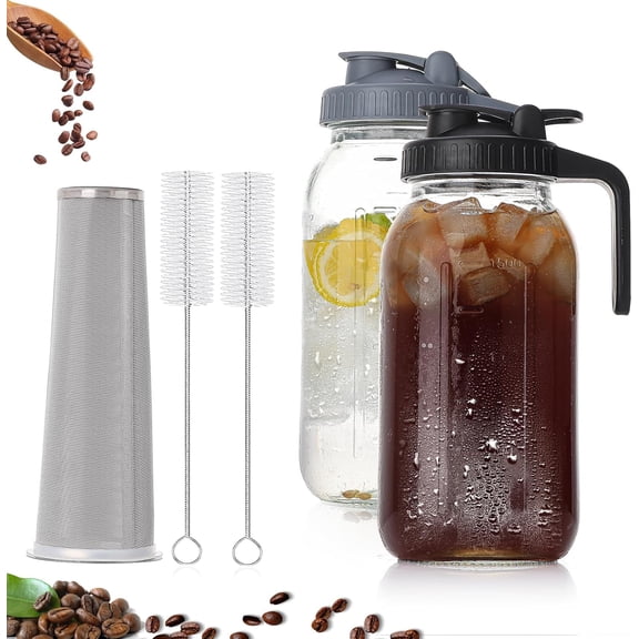 2 Quart Glass Pitcher with Lid for Fridge, Cold Brew Coffee Maker 64 oz, Pack Airtight Leakproof Iced Tea Stainless Steel Filter, New Years Gifts Friends (Black & Gray)