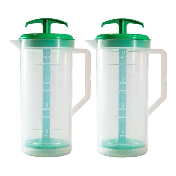 2-Quart Green Mixing Pitcher with Plunger – BPA-Free Plastic Jug for Juice, Milk, Tea, Shakes, and More – Dishwasher-Safe, Spill-Proof Lid, Smart Stirring Design, 2 Pack