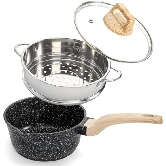 2 Quart Nonstick Saucepan with Lid & Steamer Basket, Small Nonstick Saucepan Cooking Steamer Pot with Pour Spout, Induction Safe, Non Toxic Granite Coating$$
