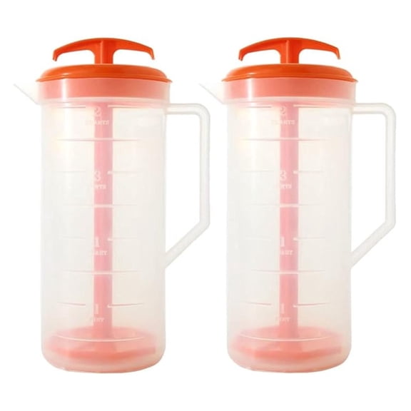 2-Quart Orange Mixing Pitcher with Plunger – BPA-Free Plastic Jug for Juice, Milk, Tea, Shakes, and More – Dishwasher-Safe, Spill-Proof Lid, Smart Stirring Design, 2 Pack