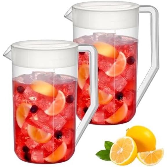 2-Quart Plastic Pitcher (2-Pack), Unbreakable Water Pitcher with Lid, BPA-Free, Heat-Resistant, Dishwasher-Safe, Great for Both Iced and Hot Drinks, Indoors and Outdoors