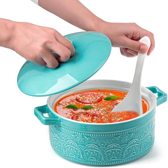 2 Quart Round Ceramic Casserole Dish with Lid, 7.5 Inch Covered Casserole for Oven, Glazed Ceramic Baking Dish Vintage Bakeware for Kitchen, Turquoise$$Home Decor, Kitchen, & Other