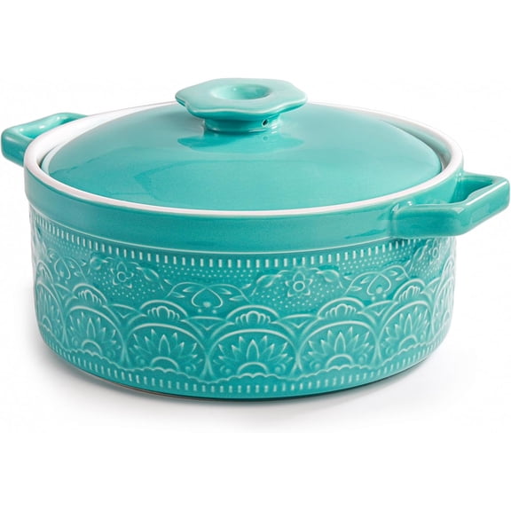 2 Quart Round Ceramic Casserole Dish with Lid, 7.5 Inch Covered Casserole for Oven, Glazed Ceramic Baking Dish Vintage Bakeware for Kitchen, Turquoise