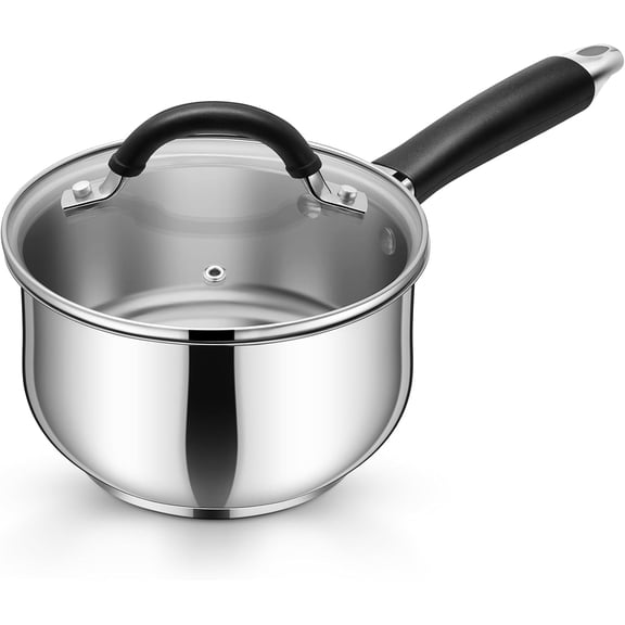 2 Quart Sauce Pan with Lid, Stainless Steel Saucepan, Small Milk Pot for Multipurpose Cooking, Visible Glass Lid & Stay-cool Silicone Handle & Tri-Ply Base, For All Stoves & Dishwasher Use
