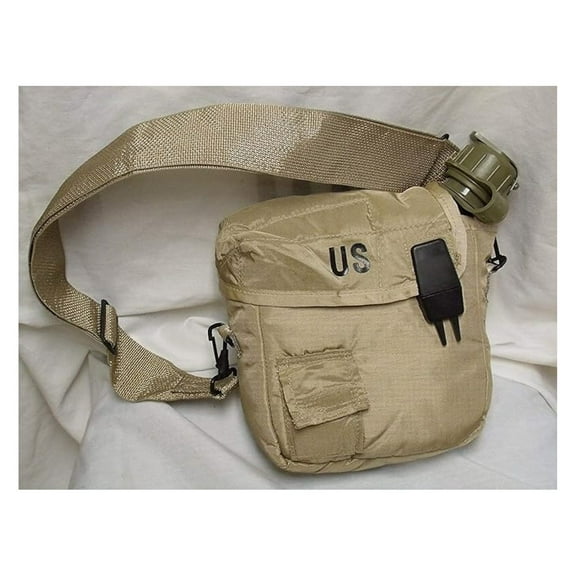 2 Quart Water Canteen - Collapsible Water Bottle with Pouch & Sling - US Made, OD Green Canteen & Tan Pouch - Military Style Hydration Bladder for Hiking, Camping