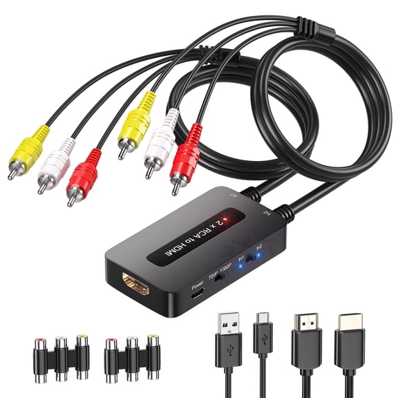 2 RCA to HDMI Adapter with Resolution Switch, 720P & 1080P Output, Dual AV Input Converter for Retro Game Consoles and Media Players