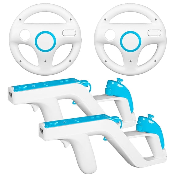 2 Racing wii Steering Wheels And 2 wii Zapper Gun Controller Premium Accessories, Compatible With Nintendo Wii U Remote and Nunchuck Games(White)