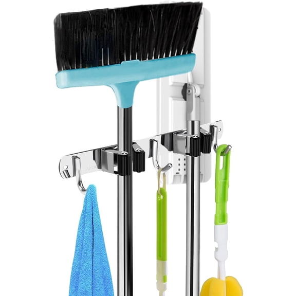 2 Racks and 3 Hooks Broom and Mop Holder Wall Mounted Garage Organizer Storage Tool Racks Stainless Steel Heavy Duty Hooks Self Adhesive Solid Non-slip Wall Hangers for Home Kitchen Garden Laundry