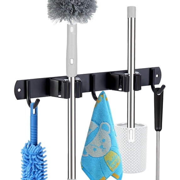 2 Racks and 3 Hooks Mop and Broom Holder Wall Mount, Self-Adhesive ...