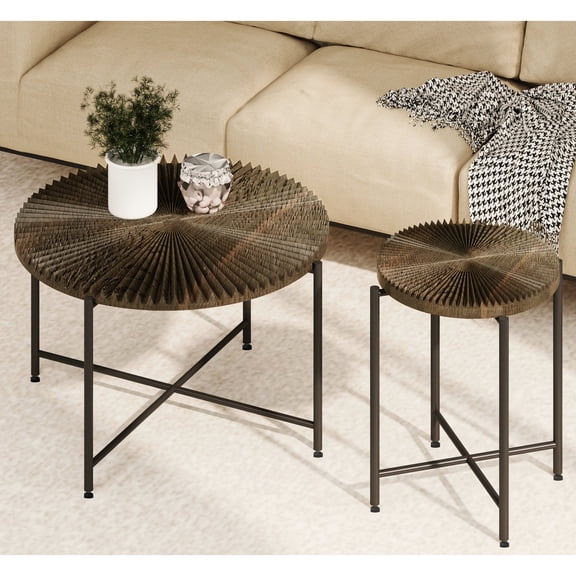 2 Radial Pattern Table - Waterproof With , Black Metal Legs, Distressed Cylindrical, Dark Walnut, Adds Warmth To Your Space Coffee And End Pattern, & Walnut For Living Room Style