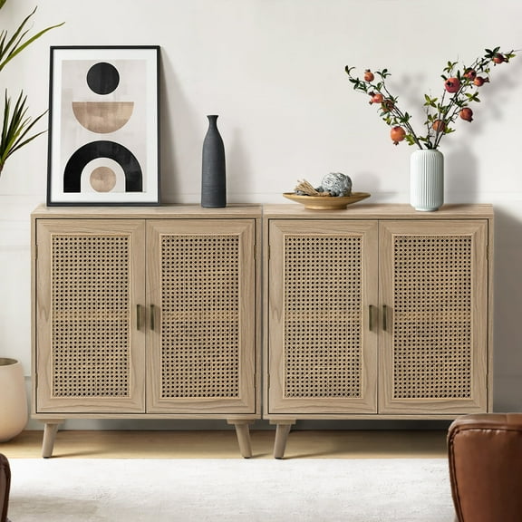 2 Rattan Doors Sideboard Buffet Cabinet Set of 2 with Storage and Adjustable Shelves Living Room Acorn