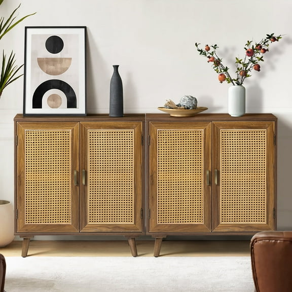 2 Rattan Doors Sideboard Buffet Cabinet Set of 2 with Storage and Adjustable Shelves Living Room Espresso