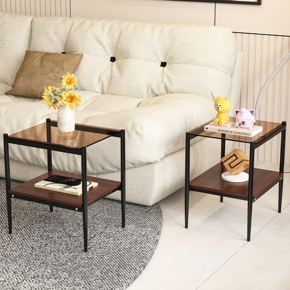 2 Rectangle End Tables | Smooth Tempered Glass Table for Daily Living | MDF Storage Layer and Iron Legs | Effortlessly Assembled