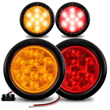 2 Red + 2 Amber 4" Round LED Trailer Tail Light Kit [DOT Certified] [Grommets & Plugs Included] [IP67 Waterproof] Stop Brake Turn Signal Park Trailer Lights For RV Truck Jeep
