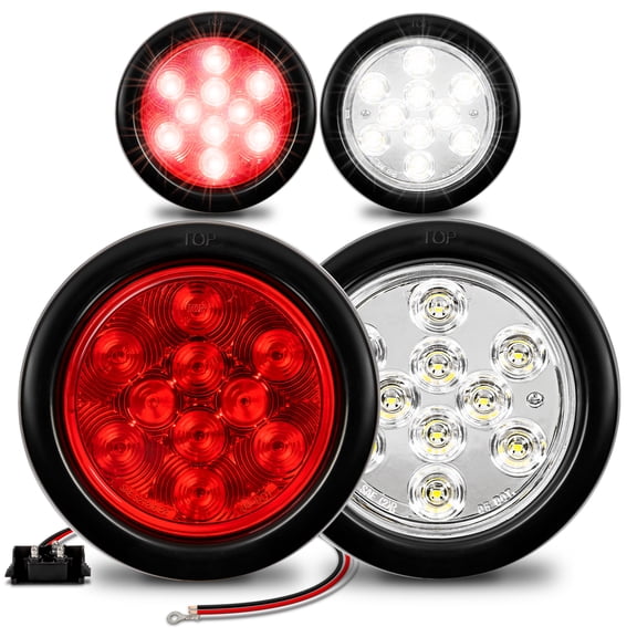 2 Red + 2 White 4" Round LED Trailer Tail Light Kit [DOT Certified] [Grommets & Plugs Included] [IP67 Waterproof] Stop Brake Turn Reverse Back Up Trailer Lights For RV Truck Jeep